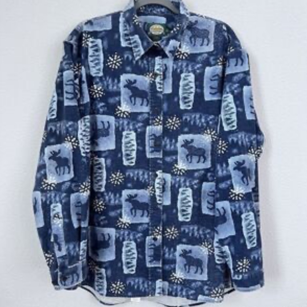 CABELA’S BLUE MOOSE PRINT COTTON FLANNEL BUTTON DOWN SHIRT SIZE M/L